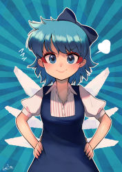 Rule 34 | 1girl, blue bow, blue dress, blue eyes, blue hair, bow, carte, cirno, collared shirt, dress, eyeshadow, fairy wings, flat chest, hair bow, hands on own hips, highres, ice, ice wings, lips, long dress, makeup, pinafore dress, red eyeshadow, shirt, short hair, sleeveless, sleeveless dress, smile, solo, striped clothes, striped shirt, touhou, white shirt, wings