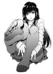 Rule 34 | 1girl, commentary request, feet, foot focus, full body, greyscale, highres, long hair, looking at viewer, monochrome, mushi024, no shoes, pantyhose, school uniform, serafuku, simple background, sitting, soles, solo, thighband pantyhose, toes, white background