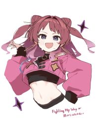Rule 34 | 1girl, :d, absurdres, black shirt, blue eyes, blush, breasts, brown hair, cone hair bun, cropped jacket, cropped shirt, cropped torso, double bun, earrings, fighting my way (idolmaster), gakuen idolmaster, hair bun, hair intakes, hanami saki, hand on own hip, hand up, highres, idolmaster, jacket, jewelry, loah 66, long hair, long sleeves, looking at viewer, midriff, navel, official alternate costume, open mouth, pink jacket, shirt, single bare shoulder, small breasts, smile, solo, song name, sparkle, sweat, translation request, upper body, v-shaped eyebrows