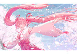 Rule 34 | 10ttruck, 1girl, :d, armpits, border, cherry blossoms, clothing cutout, commentary, floating hair, hair between eyes, hakama, hatsune miku, highres, japanese clothes, kimono, letterboxed, long hair, long sleeves, open mouth, outstretched arm, pink hair, pink hakama, ribbon-trimmed sleeves, ribbon trim, sakura miku, shoulder cutout, smile, solo, spring (season), standing, very long hair, vocaloid, white border, white kimono, wide sleeves