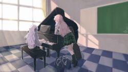 2girls bag bang_dream! bang_dream!_it&#039;s_mygo!!!!! black_ribbon black_socks chalkboard chihaya_anon day grand_piano green_skirt grey_jacket hair_ribbon hanemi haneoka_school_uniform indoors instrument jacket light_particles long_hair long_sleeves multiple_girls music piano pink_hair plaid_clothes plaid_skirt playing_instrument playing_piano pleated_skirt purple_hair ribbon school_bag school_uniform sitting skirt socks tile_floor tiles togawa_sakiko two_side_up window