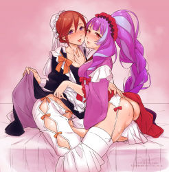 Rule 34 | 2girls, alternate costume, apron, arm between breasts, between breasts, black kimono, blue hair, blush, bow, breasts, bun cover, cleavage, clothes lift, japanese clothes, kaname buccaneer, kimono, kimono lift, lingerie, long hair, macross, macross delta, maid, maid apron, medium breasts, mikumo guynemer, multicolored hair, multiple girls, open mouth, orange bow, ponytail, purple eyes, purple hair, purple kimono, red bow, red eyes, red hair, sasanoneko, sitting, smile, streaked hair, thighhighs, underwear, very long hair, wa maid, white thighhighs