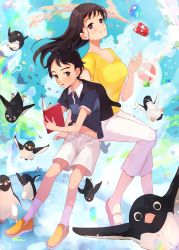 Rule 34 | 1boy, 1girl, aoyama-kun (penguin highway), backpack, bag, bird, black hair, blue sky, book, brown eyes, brown hair, can, child, day, drink can, highres, long hair, looking at viewer, onee-san (penguin highway), pants, peach punch, pen, penguin, penguin highway, shirt, shorts, sky, smile, soda can, white pants, writing, yellow shirt