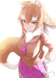Rule 34 | 1girl, animal ears, blush, brown sweater, commentary request, cowboy shot, fang, fur collar, highres, japanese wolf (kemono friends), kemono friends, light brown hair, long hair, long sleeves, mua artist, multicolored hair, neckerchief, plaid, plaid skirt, pleated skirt, puffy sleeves, purple neckerchief, purple skirt, sailor collar, skirt, solo, sweater, tail, two-tone hair, white fur, white hair, wolf ears, wolf girl, wolf tail, yellow eyes