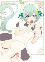 Rule 34 | 1girl, alternate costume, animal ears, apron, black dress, blue eyes, candy, chocolate, chocolate heart, collared dress, commentary request, dress, enmaided, feet out of frame, flower, food, food in mouth, frilled apron, frills, garter belt, green hair, green ribbon, hair between eyes, hair flower, hair ornament, hairclip, hands up, heart, heart hands, horse ears, horse girl, horse tail, koruri, maid, maid apron, maid headdress, mouth hold, neck ribbon, puffy short sleeves, puffy sleeves, ribbon, seiun sky (umamusume), short sleeves, solo, tail, thighhighs, umamusume, valentine, white apron, white background, white thighhighs, yellow flower