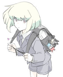 Rule 34 | 1boy, alternate costume, backpack, bag, bag charm, black bag, blonde hair, character doll, charm (object), collared shirt, colored eyelashes, floating hair, formal, galo thymos, grey jacket, grey necktie, grey shorts, holding, holding bag, jacket, leaning forward, lio fotia, looking at viewer, male focus, necktie, ns1123, promare, purple eyes, randoseru, shirt, short hair, shorts, sidelocks, simple background, solo, suit, trap, white background, white shirt