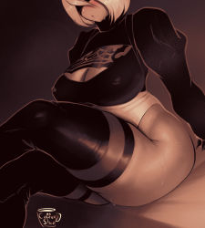 Rule 34 | 1girl, artist name, black blindfold, blindfold, blush, boots, breasts, cleavage, cleavage cutout, clothing cutout, coffeeslice, curvy, highres, large breasts, leotard, mole, mole under mouth, nier (series), nier:automata, see-through, short hair, silver hair, simple background, sitting, skindentation, solo, sweat, thick thighs, thigh boots, thighhighs, thighs, wide hips, 2b (nier:automata)