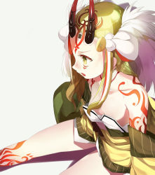 Rule 34 | 1girl, blonde hair, breasts, fate/grand order, fate (series), horns, ibaraki douji (fate), japanese clothes, kimono, long hair, off shoulder, oni, shimejinameko, simple background, sitting, small breasts, solo, tattoo, thighs, white background, yellow eyes