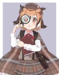 Rule 34 | 1girl, alternate costume, bad id, bad twitter id, bag, blush, book, bow, bowtie, brown eyes, brown hair, cape, collared shirt, commentary request, cowboy shot, detective, eurasian eagle owl (kemono friends), grey hair, handbag, highres, holding, holding book, ilyfon133, kemono friends, kemono friends festival, light brown hair, long sleeves, looking at viewer, magnifying glass, multicolored hair, plaid, plaid cape, plaid skirt, pleated skirt, red bow, red bowtie, shirt, short hair, skirt, solo, suspender skirt, suspenders, white shirt