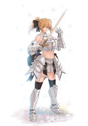 Rule 34 | 1girl, armor, armored dress, artoria pendragon (all), artoria pendragon (fate), bad id, bad pixiv id, bare shoulders, black thighhighs, blonde hair, boots, bow, breastplate, caliburn (fate), detached collar, detached sleeves, fate/stay night, fate/unlimited codes, fate (series), floral background, full body, gauntlets, greaves, green eyes, hair bow, hand up, highres, holding, holding sword, holding weapon, knee boots, looking at viewer, miniskirt, mizu (dl7613), navel, ponytail, sabaton, saber (fate), saber lily, skirt, smile, solo, standing, sword, thighhighs, weapon, white background, zettai ryouiki