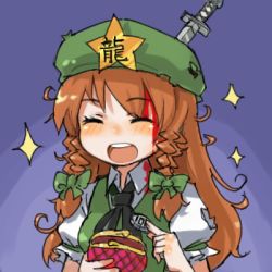 Rule 34 | 1girl, bad id, bad pixiv id, bag, blood, blood on face, blush, braid, brown hair, coin purse, closed eyes, female focus, happy, hat, hong meiling, knife, long hair, lowres, open mouth, smarttiger, solo, sparkle, teeth, throwing knife, touhou, twin braids, weapon