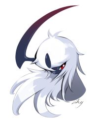 absol bright_pupils commentary creatures_(company) game_freak gen_3_pokemon highres likey looking_back nintendo no_humans pokemon pokemon_(creature) portrait red_eyes signature simple_background solo white_background white_fur white_pupils