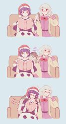 Rule 34 | 2girls, 3koma, ?, blue hair, blush, book, comic, couch, doremy sweet, closed eyes, heart, highres, kishin sagume, leaning on person, multiple girls, open book, orz (kagewaka), reading, silent comic, single wing, sitting, smile, touhou, white hair, wing hug, wings, yuri