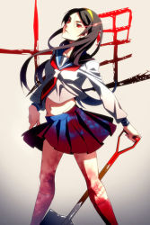 Rule 34 | 1girl, arms at sides, backlighting, black hair, blood, blood on clothes, blue sailor collar, blue skirt, breasts, closed mouth, collarbone, dark background, expressionless, feet out of frame, floating hair, furu (retr0e), glowing, glowing eyes, gradient background, grey background, groin, hairband, head tilt, holding, holding shovel, kitsu chiri, legs apart, light trail, lips, long hair, long sleeves, looking at viewer, midriff, navel, neckerchief, pleated skirt, red eyes, red neckerchief, sailor collar, sayonara zetsubou sensei, school uniform, shaded face, shirt, shovel, simple background, skirt, small breasts, socks, solo, standing, straight hair, thick eyebrows, translation request, uniform, white shirt, white socks, yellow hairband