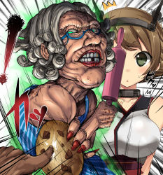 Rule 34 | !, 10s, 2girls, blue-framed eyewear, blue dress, breasts, chestnut mouth, cookie, cookie clicker, dress, eyewear strap, fingernails, food, glasses, grandma (cookie clicker), green eyes, grey hair, kantai collection, large breasts, long fingernails, missing tooth, multiple girls, mutsu (kancolle), nail polish, old, old woman, red nails, rolling pin, semi-rimless eyewear, shigeryun, triangle mouth, under-rim eyewear