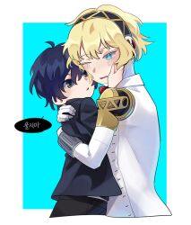 Rule 34 | 1boy, 1girl, aegis (persona), aged down, android, black hairband, black pants, blonde hair, blue eyes, blue hair, blue shirt, child, crying, elulit2, gold trim, hairband, hug, korean text, looking at another, one eye closed, pants, persona, persona 3, shirt, short hair, tearing up, tears, translation request, wiping tears, yuuki makoto (persona 3)