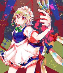 Rule 34 | 1girl, apron, between fingers, blue dress, bow, clock hands, commentary request, dress, frilled dress, frills, green bow, hair ribbon, highres, holding, holding knife, itomugi-kun, izayoi sakuya, knife, knives between fingers, looking at viewer, maid, maid apron, maid headdress, puffy short sleeves, puffy sleeves, red eyes, ribbon, roman numeral, short sleeves, silver hair, solo, thighs, touhou, tress ribbon, white apron