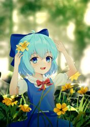Rule 34 | 1girl, :d, absurdres, ahoge, blue bow, blue eyes, blue hair, blue skirt, blue vest, blurry, blurry background, blush, bow, bowtie, cirno, collared shirt, commentary, cowboy shot, flower, frilled shirt collar, frills, hair between eyes, hair bow, hands up, highres, lily (flower), looking at viewer, open mouth, puffy short sleeves, puffy sleeves, red bow, red bowtie, shirt, short hair, short sleeves, skirt, skirt set, smile, solo, teeth, tongue, touhou, upper teeth only, vest, white shirt, wrainman, yellow flower