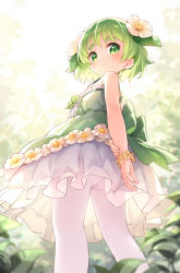 Rule 34 | 1girl, arms behind back, ass, back bow, bare shoulders, blurry, blurry background, blush, bow, closed mouth, commentary request, depth of field, dress, flower, frilled dress, frills, from behind, from below, green bow, green dress, green eyes, green hair, hair flower, hair ornament, highres, kinoko-san, kito (sorahate), looking at viewer, looking back, looking down, original, panties, panties under pantyhose, pantyhose, short eyebrows, sleeveless, sleeveless dress, smile, solo, thick eyebrows, underwear, white flower, white pantyhose