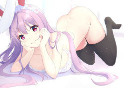 Rule 34 | 1girl, absurdres, animal ears, arm support, ass, bare arms, bare shoulders, black thighhighs, bottomless, breasts, cleavage, closed mouth, diving penguin, highres, large breasts, long hair, looking at viewer, lying, maid headdress, pink eyes, pink hair, rabbit ears, reisen udongein inaba, simple background, smile, solo, thighhighs, touhou, underwear, underwear only, very long hair, white background