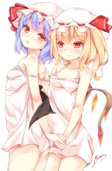 Rule 34 | 2girls, artist name, bad id, bad pixiv id, bare shoulders, bat wings, blonde hair, blue hair, blush, chemise, collarbone, fang, fang out, flandre scarlet, holding hands, hat, hat ribbon, highres, maremay0513, mob cap, multiple girls, off shoulder, red eyes, red ribbon, remilia scarlet, ribbon, siblings, simple background, sisters, strap slip, touhou, white background, wings