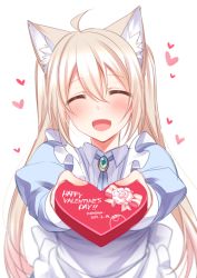 Rule 34 | 1girl, :d, ahoge, animal ears, apron, blonde hair, blue dress, blush, box, cat ears, commentary request, dated, dress, english text, closed eyes, flower, head tilt, heart, heart-shaped box, juliet sleeves, konshin, long sleeves, looking at viewer, maid, maid apron, open mouth, original, puffy sleeves, signature, smile, solo, twintails, valentine, white apron