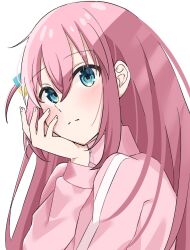 Rule 34 | 1girl, blue eyes, blush, bocchi the rock!, closed mouth, commentary, cube hair ornament, fanged bangs, fingernails, gotoh hitori, hair between eyes, hair ornament, hand on own cheek, hand on own face, highres, jacket, long bangs, long hair, long sleeves, looking at viewer, looking to the side, one side up, pink hair, pink jacket, shiel 0, simple background, solo, track jacket, turning head, upper body, white background