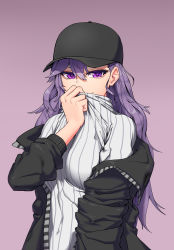 Rule 34 | 1girl, absurdres, bad id, bad pixiv id, bags under eyes, baseball cap, black hat, black jacket, breasts, closed mouth, commission, covering own mouth, dungbae, hair between eyes, hat, highres, jacket, long hair, long sleeves, looking at viewer, medium breasts, open clothes, open jacket, original, purple background, purple eyes, purple hair, simple background, smile, solo, sweater, tsurime, turtleneck, turtleneck sweater