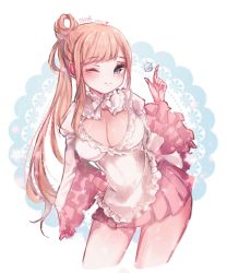 Rule 34 | 1girl, apron, blonde hair, blush, breasts, cleavage, collar, cowboy shot, frilled collar, frilled sleeves, frills, green eyes, hair rings, hands on own hips, highres, large breasts, long hair, looking at viewer, one eye closed, original, pink skirt, pleated skirt, ponytail, puffy sleeves, side ponytail, sidelocks, skirt, smile, solo, thighs, very long hair, wide sleeves, yomi yojo