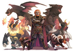Rule 34 | 1boy, armor, beard, bisharp, charizard, company connection, creature, creatures (company), crossed arms, crossover, dark-skinned male, dark skin, emboar, facial hair, finni chang, flame-tipped tail, game freak, ganondorf, gen 1 pokemon, gen 2 pokemon, gen 5 pokemon, houndoom, nintendo, pokemon, pokemon (creature), red eyes, red hair, smile, the legend of zelda, the legend of zelda: twilight princess, tyranitar, umbreon