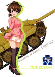 Rule 34 | 10s, 1girl, absurdres, bag, boots, breasts, brown eyes, brown hair, casual, caterpillar tracks, character name, cleavage, collarbone, emblem, flower, full body, girls und panzer, hair between eyes, hair flower, hair ornament, hair ribbon, hair scrunchie, high ponytail, highres, holding, holding bag, jagdpanzer 38(t), koyama yuzu, large breasts, long hair, looking at viewer, military, military vehicle, miniskirt, motor vehicle, official art, ooarai (emblem), open mouth, ribbon, scan, scrunchie, shiny skin, simple background, skirt, solo, standing, tank, thigh boots, thighs, white background, wide hips