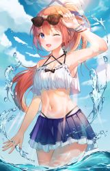 Rule 34 | 1girl, ;d, armpits, bikini, blue eyes, blue skirt, blush, bracelet, breasts, cleavage, cloud, collarbone, commentary, criss-cross halter, crop top, day, eyewear on head, frilled bikini, frills, hair between eyes, halterneck, hand up, highres, jewelry, long hair, miniskirt, navel, nri, ocean, one eye closed, open mouth, orange hair, original, pleated skirt, ponytail, skirt, sky, small breasts, smile, solo, summer, sunglasses, swimsuit, symbol-only commentary, water, water drop, white bikini