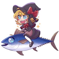 Rule 34 | 1girl, absurdres, apron, black capelet, black footwear, black gloves, black hat, black skirt, black vest, blonde hair, blue eyes, blush, bow, bowtie, bright pupils, brown apron, buttons, capelet, chibi, commentary request, cookie (touhou), elbow gloves, eyes visible through hair, fish, full body, gloves, hand on headwear, hat, hat bow, highres, kirisame marisa, looking afar, mary janes, medium bangs, meguru (cookie), mixed-language commentary, open mouth, red bow, red bowtie, ripped colors, second-party source, shoes, short hair, simple background, skirt, skirt set, smile, solo, spanish commentary, sparkle, touhou, tuna, vest, waist apron, white background, white pupils, witch hat