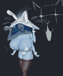 Rule 34 | 1girl, 4 arms, absurdres, black background, blue eyes, blue hair, blue skin, booruguru, breasts, bursting breasts, cleavage, colored skin, elden ring, female focus, hat, highres, huge breasts, leotard, playboy bunny, rabbit ears, rabbit tail, ranni the witch, solo, witch hat