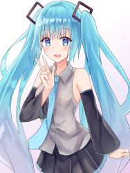 Rule 34 | akaya (pixiv20545353), bare shoulders, black shirt, black sleeves, blue eyes, blue hair, blue necktie, blush, commentary request, detached sleeves, grey background, grey shirt, hair ornament, hatsune miku, highres, long hair, necktie, shirt, simple background, skirt, smile, solo, very long hair, vocaloid, w