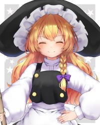 Rule 34 | 1girl, ^ ^, apron, bamboo broom, black hat, blonde hair, blush, bow, braid, broom, closed eyes, closed mouth, facing viewer, hand on own hip, hat, hat bow, highres, holding, holding broom, kirisame marisa, leon0705, long hair, long sleeves, puffy long sleeves, puffy sleeves, smile, solo, star (symbol), starry background, touhou, upper body, waist apron, white apron, witch hat