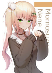 Rule 34 | 1girl, absurdres, akuto (akuto desu), blonde hair, blush, brown cardigan, cardigan, character name, closed mouth, commission, frilled shirt collar, frills, gradient hair, green eyes, hair ornament, hairclip, highres, hololive, long hair, long sleeves, looking at viewer, momosuzu nene, momosuzu nene (casual), multicolored hair, official alternate costume, paw pose, pink hair, pom pom (clothes), pom pom hair ornament, sailor collar, side ponytail, skeb commission, sleeves past wrists, smile, solo, upper body, virtual youtuber, white sailor collar