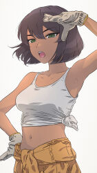 Rule 34 | 1girl, absurdres, akagi (fmttps), black hair, breasts, girls und panzer, gloves, green eyes, highres, hoshino (girls und panzer), medium breasts, midriff, navel, open mouth, short hair, simple background, solo, tank top, white background, white gloves, white tank top