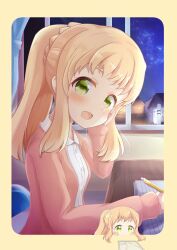 Rule 34 | 1girl, asagi yu , blonde hair, blush, buttoned shirt, chair, chibi, curtains, desk, female focus, green eyes, highres, holding, holding pencil, house, indoors, inose mai, koisuru asteroid, long hair, long sleeves, looking at viewer, map, night, night sky, no nose, notebook, open mouth, pencil, pencil skirt, ponytail, sitting, skirt, sky, solo, window
