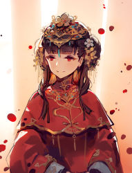 Rule 34 | 1girl, alternate costume, azur lane, black hair, blunt bangs, bride, chinese clothes, chinese commentary, closed mouth, commentary request, double bun, falling petals, hair bun, headpiece, high collar, jewelry, kishiyo, light smile, long sleeves, looking to the side, petals, red eyes, sidelocks, solo, yat sen (azur lane)