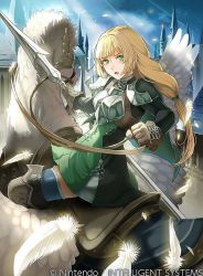 Rule 34 | 1girl, armor, blonde hair, boots, braid, breastplate, cloud, feathers, fire emblem, fire emblem: three houses, fire emblem cipher, gloves, green eyes, ingrid brandl galatea, long hair, nintendo, official art, open mouth, pegasus, pegasus knight uniform (fire emblem), polearm, single braid, sitting, sky, solo, spear, thighhighs, thighhighs under boots, weapon
