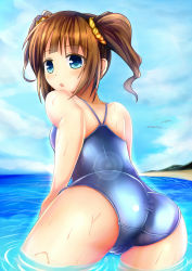 Rule 34 | 1girl, :o, ass, bird, blue eyes, blue one-piece swimsuit, blush, brown hair, cameltoe, cloud, competition school swimsuit, day, from behind, idolmaster, idolmaster (classic), kero (tomoki-tiger), looking back, ocean, one-piece swimsuit, partially submerged, school swimsuit, scrunchie, short hair, short twintails, sky, solo, swimsuit, takatsuki yayoi, twintails