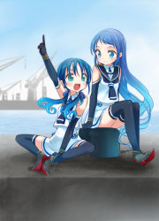 Rule 34 | 10s, 2girls, aqua eyes, blue eyes, blue hair, elbow gloves, gloves, hair ribbon, kantai collection, koruri, long hair, low twintails, machinery, matching outfits, md5 mismatch, multiple girls, open mouth, personification, pointing, ribbon, samidare (kancolle), sitting, smile, suzukaze (kancolle), thighhighs, twintails