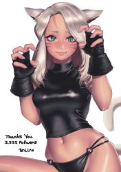 Rule 34 | 1girl, animal ears, artist name, warrior of light (ff14), black gloves, black panties, black shirt, cat ears, cat tail, claw pose, closed mouth, commentary request, english text, facial mark, final fantasy, final fantasy xiv, fingerless gloves, gloves, green eyes, highres, long hair, looking at viewer, midriff, milestone celebration, miqo&#039;te, multi-strapped panties, nanja, navel, panties, shirt, signature, simple background, sleeveless, sleeveless shirt, slit pupils, smile, solo, tail, thank you, underwear, white background