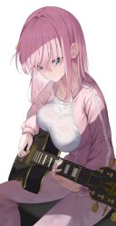Rule 34 | 1girl, absurdres, blue eyes, bocchi the rock!, breasts, closed mouth, commentary, cube hair ornament, electric guitar, gibson les paul, gotoh hitori, guitar, hair between eyes, hair ornament, highres, holding, holding instrument, instrument, jacket, large breasts, long hair, long sleeves, music, pants, pink hair, pink jacket, pink pants, playing instrument, shirt, sidelocks, sitting, solo, stoner08, sweat, track jacket, track pants, white background, white shirt