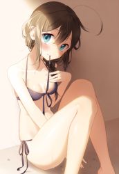Rule 34 | 10s, 1girl, ahoge, bikini, black bikini, blue eyes, blush, braid, breasts, brown hair, collarbone, front-tie bikini top, front-tie top, hair between eyes, hand on own chest, kantai collection, light smile, long hair, looking at viewer, mouth hold, naoto (tulip), shade, shigure (kancolle), side-tie bikini bottom, side braid, sidelocks, single braid, sitting, small breasts, solo, swimsuit, thighs, untying, wet