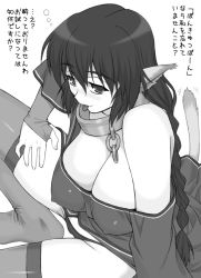 Rule 34 | 00s, 1girl, breasts, cleavage, collar, greyscale, karulau, large breasts, long hair, monochrome, panties, shichimenchou, simple background, solo, tail, thighhighs, thighs, tongue, translation request, underwear, utawarerumono