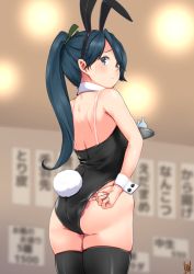 Rule 34 | 1girl, alternate costume, animal ears, black thighhighs, blue hair, blush, closed mouth, fake animal ears, highres, houshou (kancolle), kantai collection, leotard, long hair, looking away, playboy bunny, ponytail, rabbit ears, rabbit girl, rabbit tail, solo, tadokoro nurikabe, tail, thighhighs