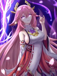 Rule 34 | 1girl, absurdres, bare shoulders, breasts, commentary, electricity, fox shadow puppet, genshin impact, hand up, highres, japanese clothes, large breasts, long hair, long sleeves, looking at viewer, musanix, nontraditional miko, parted lips, pink hair, purple eyes, sideboob, smile, solo, very long hair, wide sleeves, yae miko