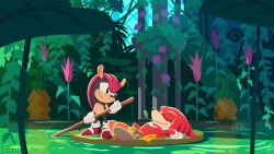 Rule 34 | 2boys, closed eyes, commentary request, flower, froggy (sonic), furry, furry male, gloves, knuckles the echidna, leaf, light rays, lily pad, looking at another, lying, male focus, mighty the armadillo, mouth hold, multiple boys, nature, official art, purple flower, red footwear, smile, sonic (series), uno yuuji, water, white gloves